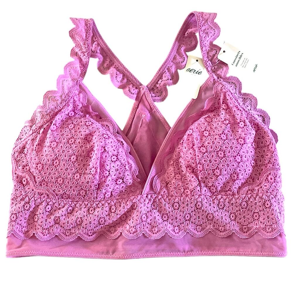 Aerie Lace Ruffle Strap Racerback Pink Bralette Medium NEW